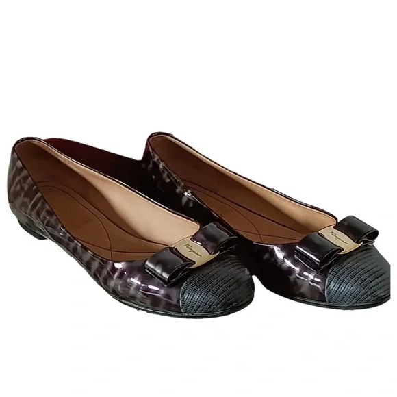 FERRAGAMO Tortoise/Animal Patent & Lizard Embossed cap Ballerina Flat sz… - Picture 2 of 14